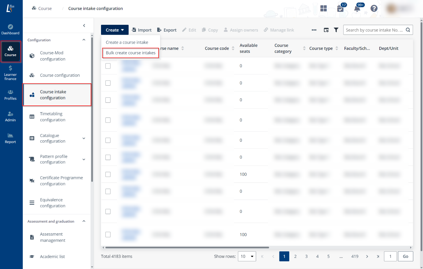 Click Bulk create course intakes.