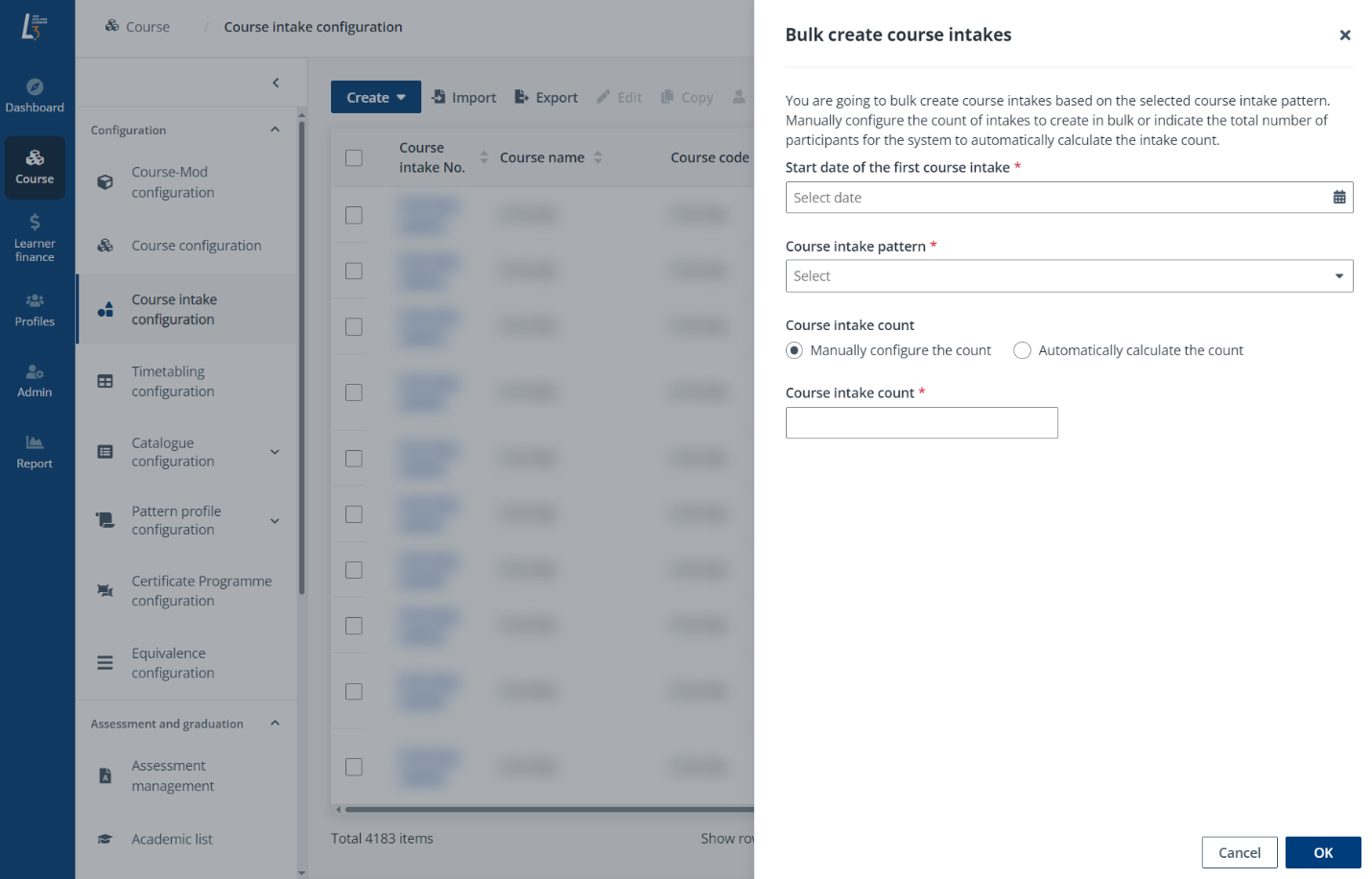 The Bulk create course intakes panel.
