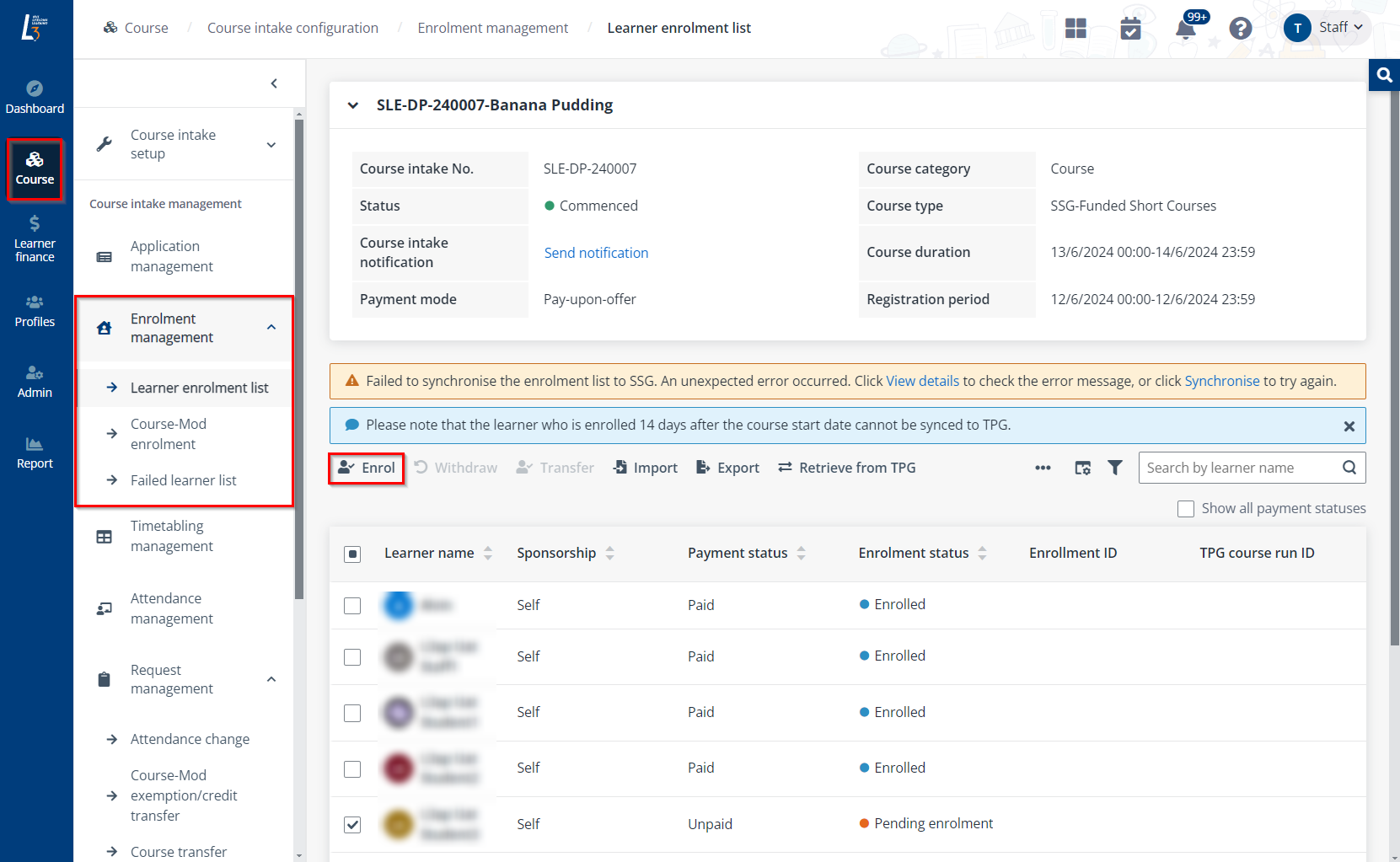 Learner enrolment list.