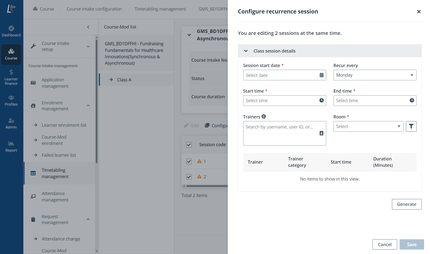 Configure recurrence session.