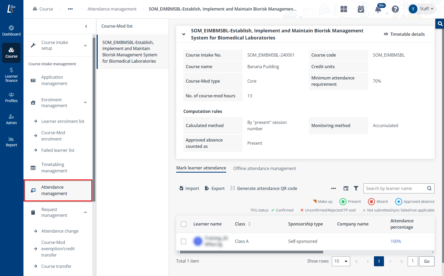 The Attendance management page.