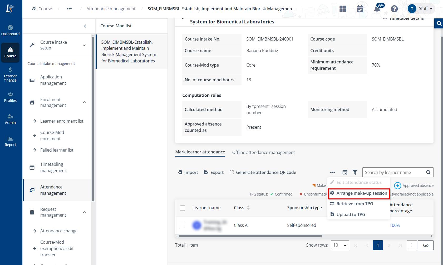 Click Arrange make-up session.