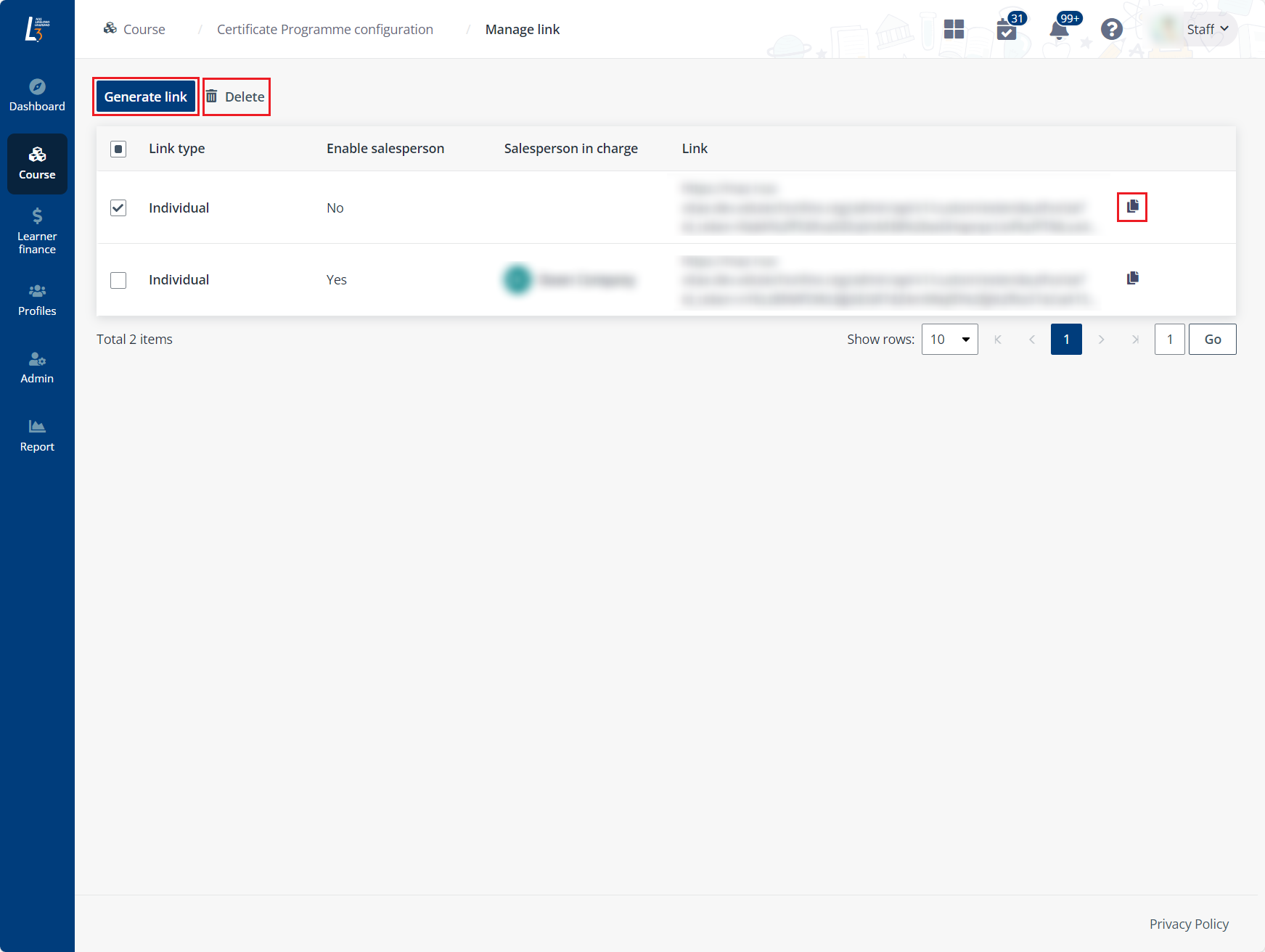 Generate, delete, copy a link. Generate, delete, copy a link.