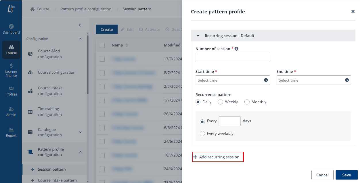 Add recurring session. Add recurring session.