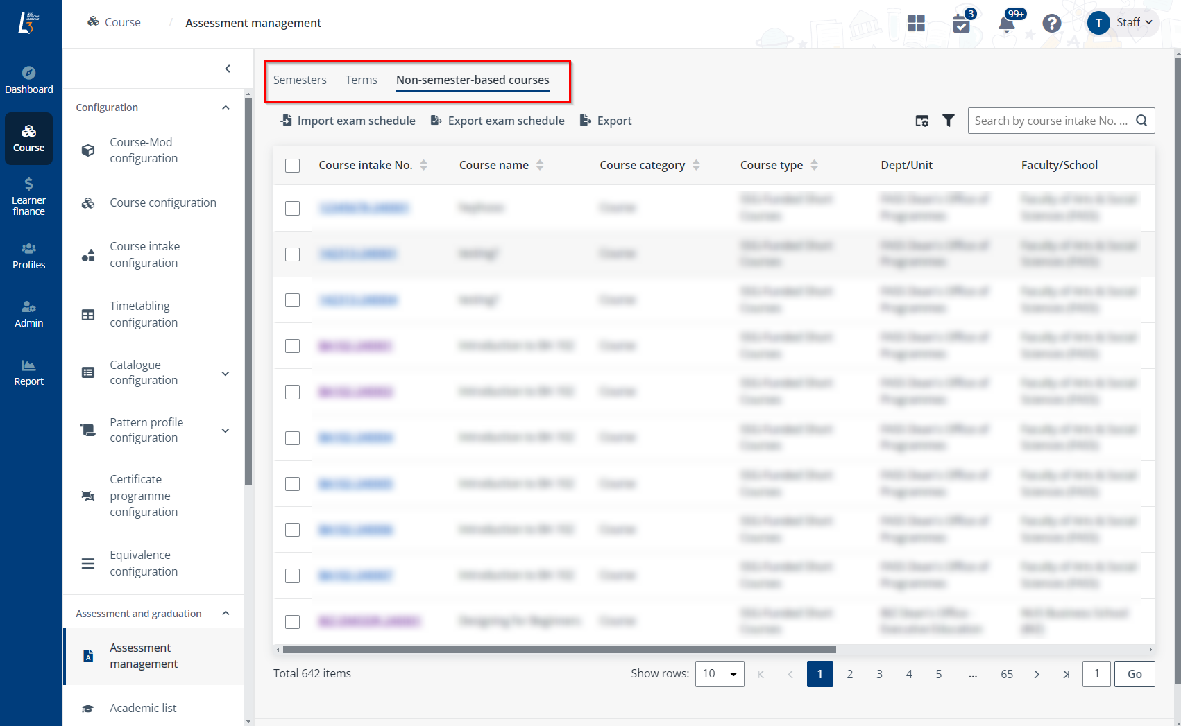 Tabs on the Assessment management page. Tabs on the Assessment management page.