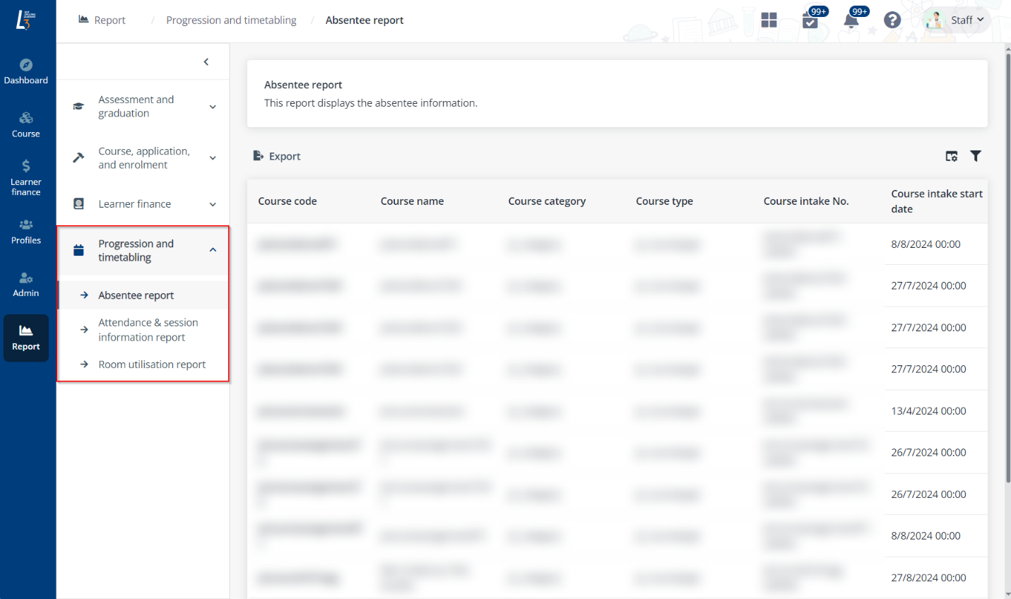 Progression and timetabling reports.