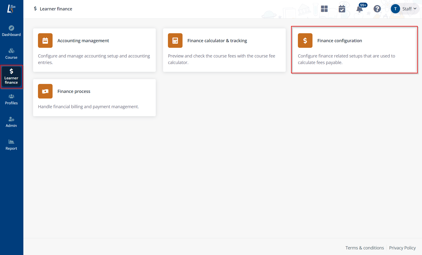 Learner finance > Finance configuration.