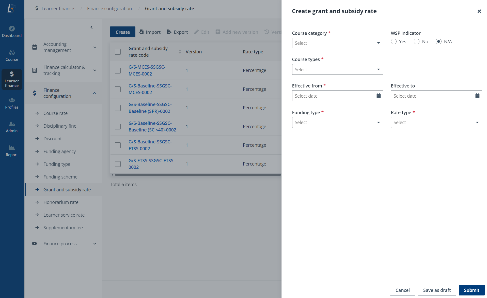 Create grant and subsidy rate.