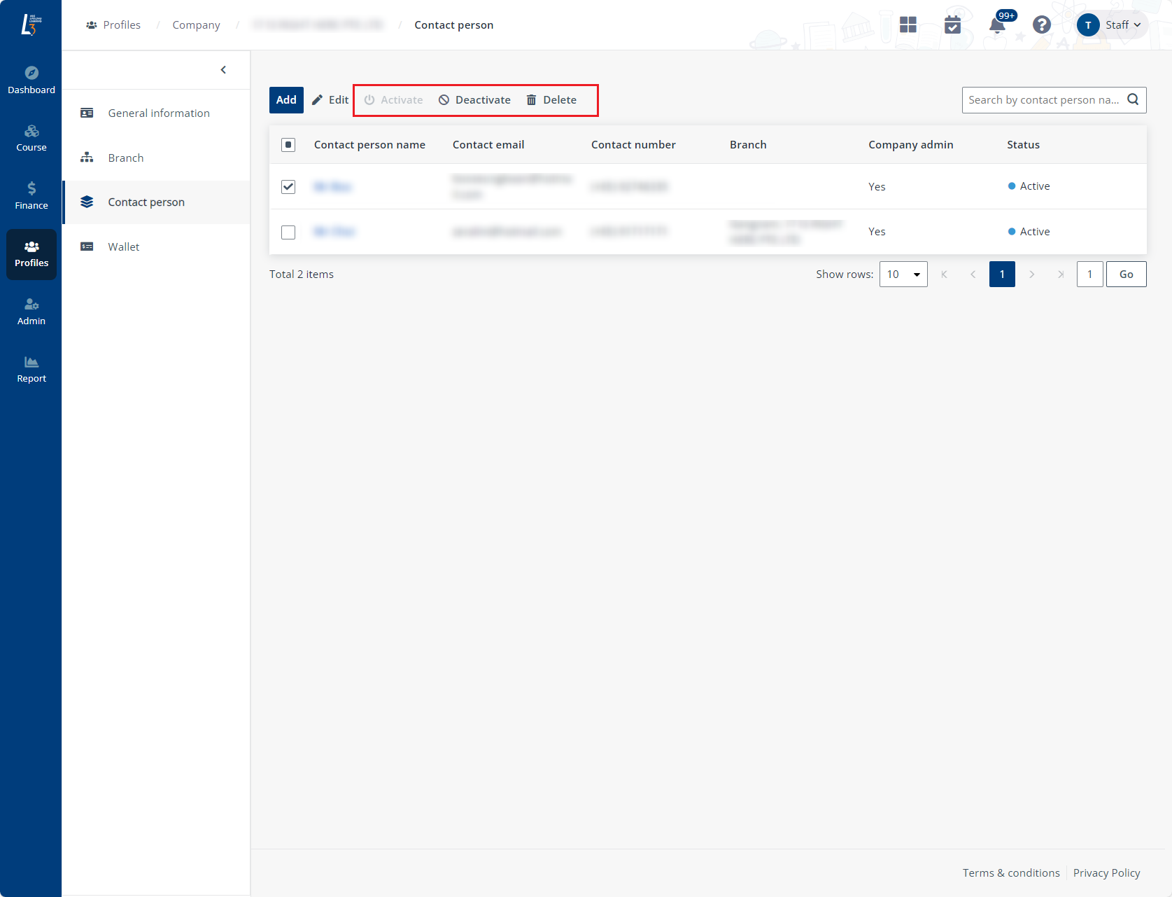 Activate, deactivate, and delete contact person. Activate, deactivate, and delete contact person.