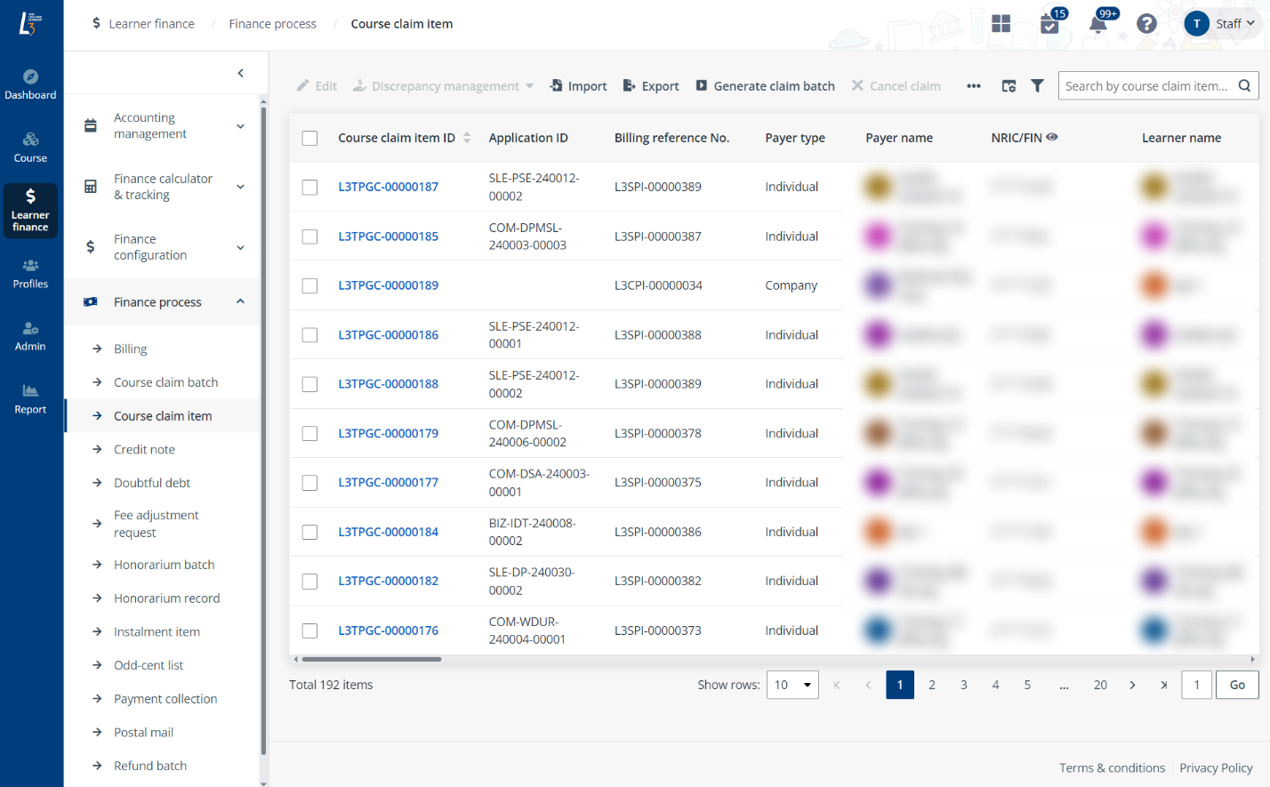 The course claim items page. The course claim items page.