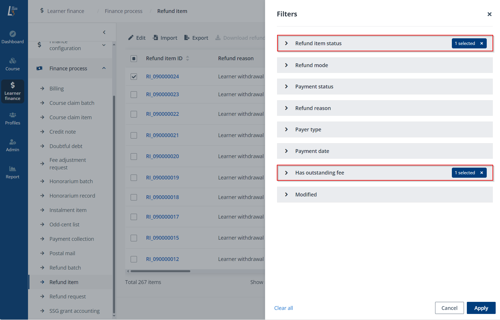 Filter refund item with outstanding fee.