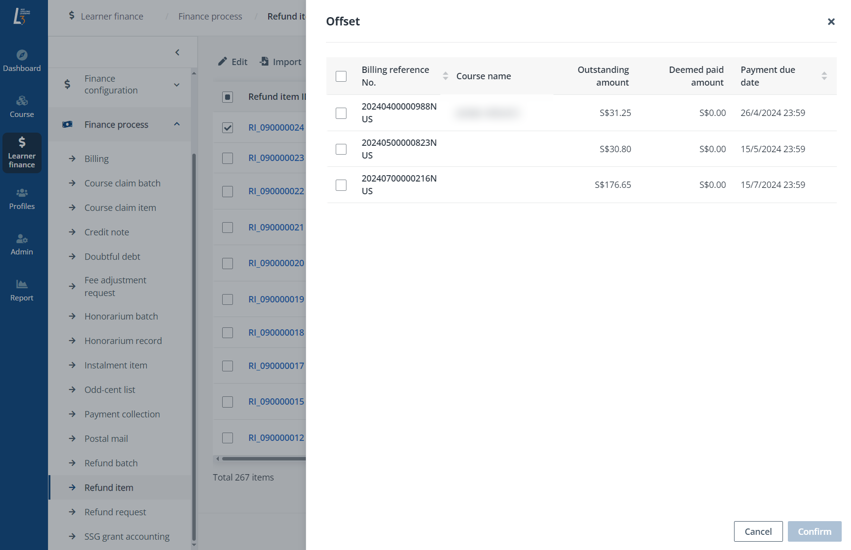 Select billings to offset.