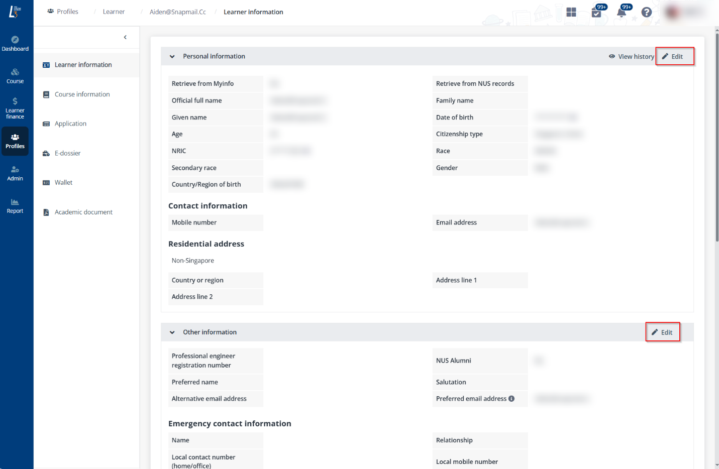 Edit learner information. Edit learner information.