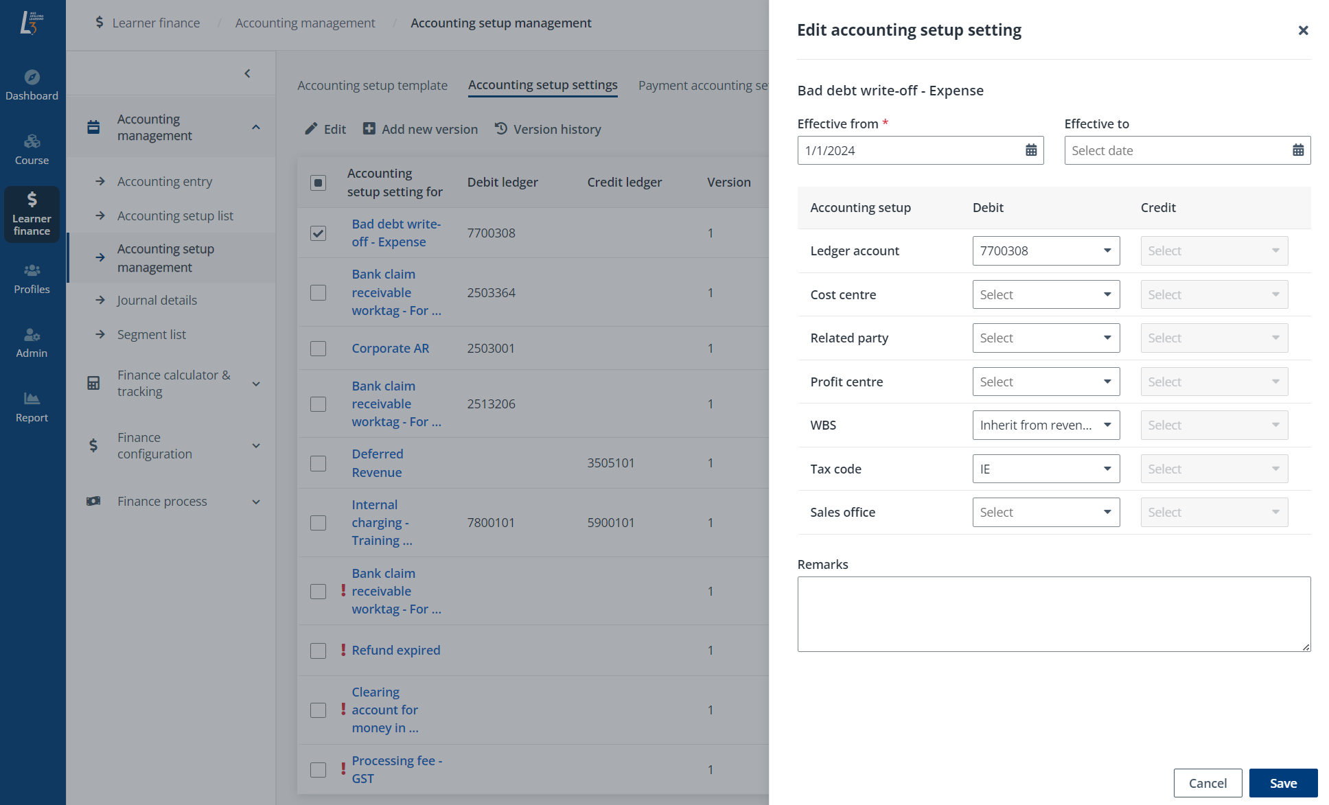 Edit accounting setup setting.