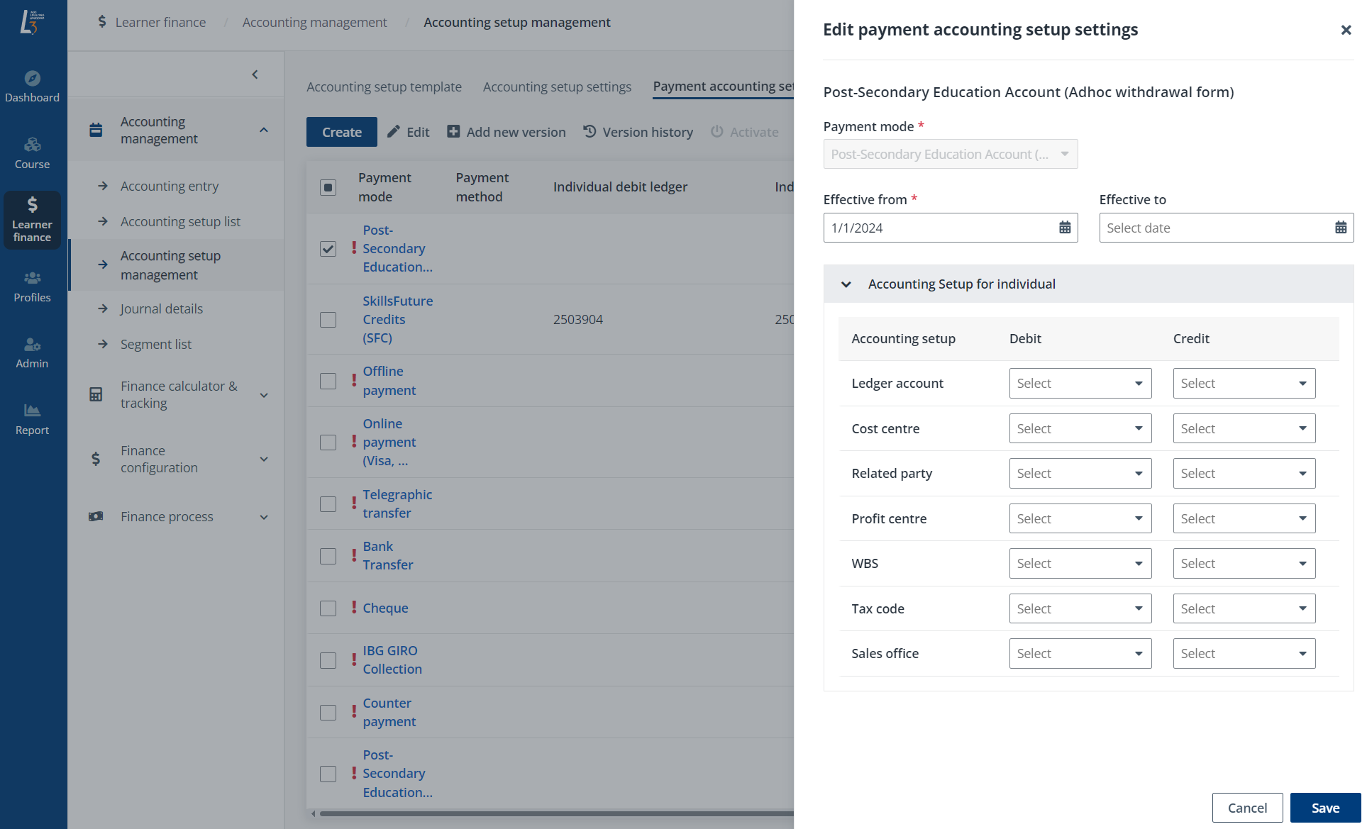 Edit payment accounting setup settings.
