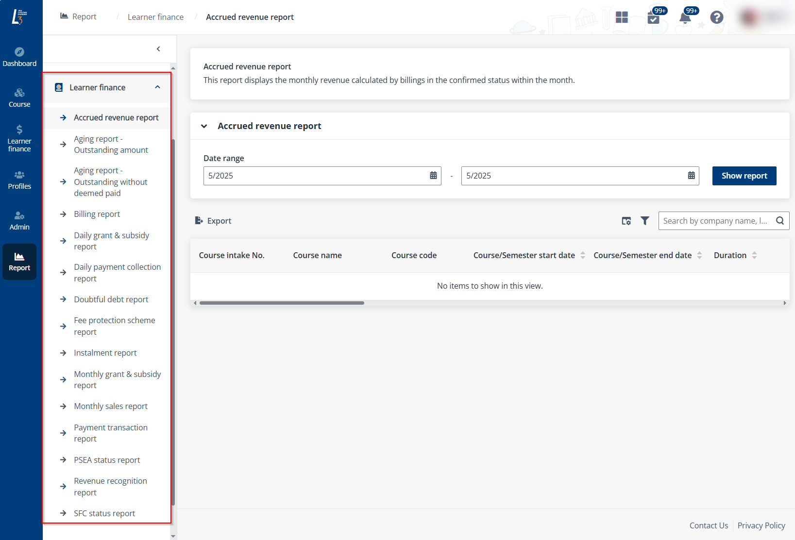 Learner finance reports.