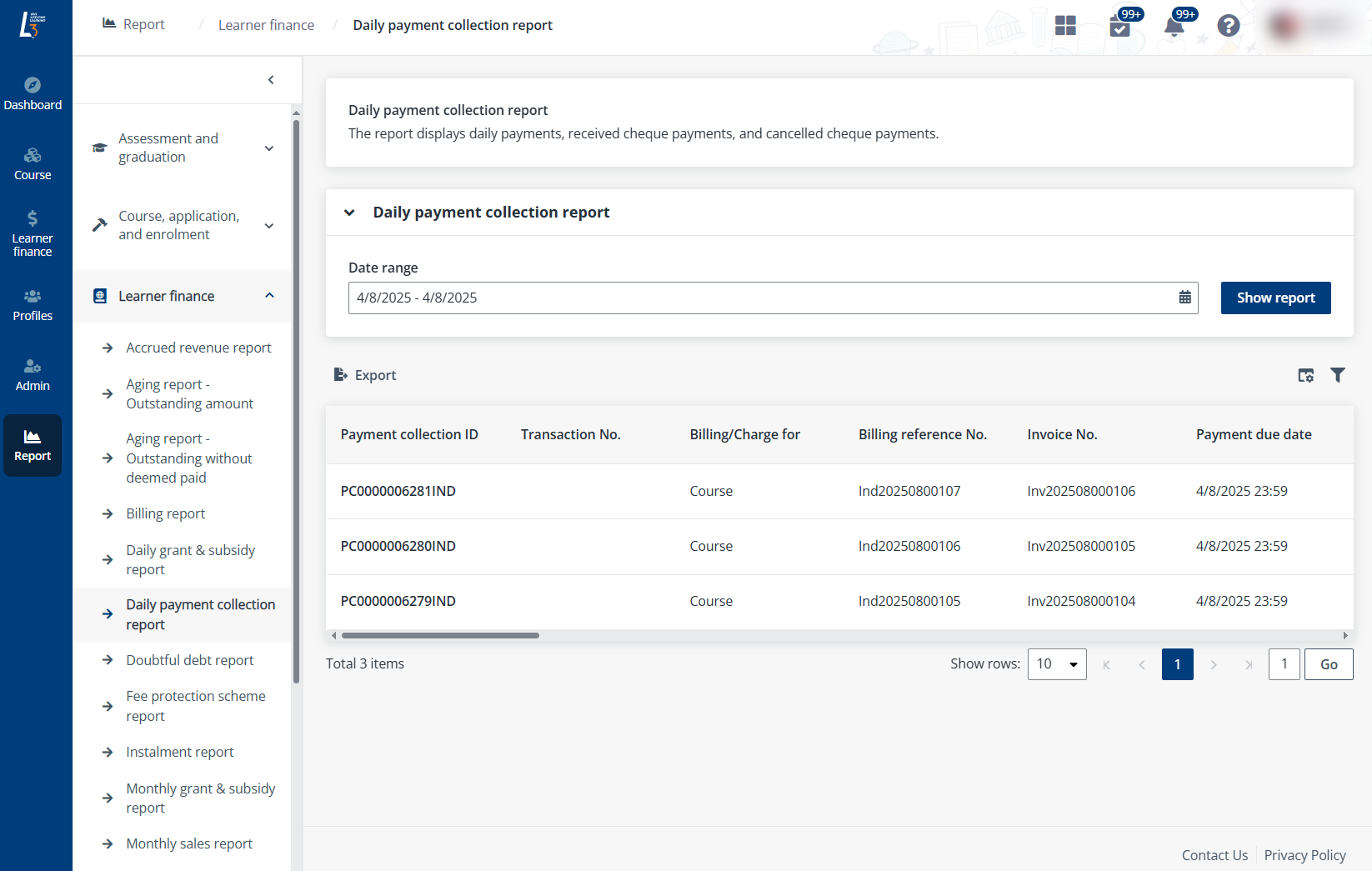 Daily payment collection report. Daily payment collection report.