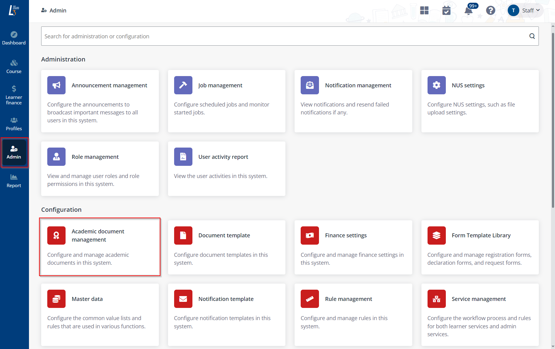 Admin > Academic document management.