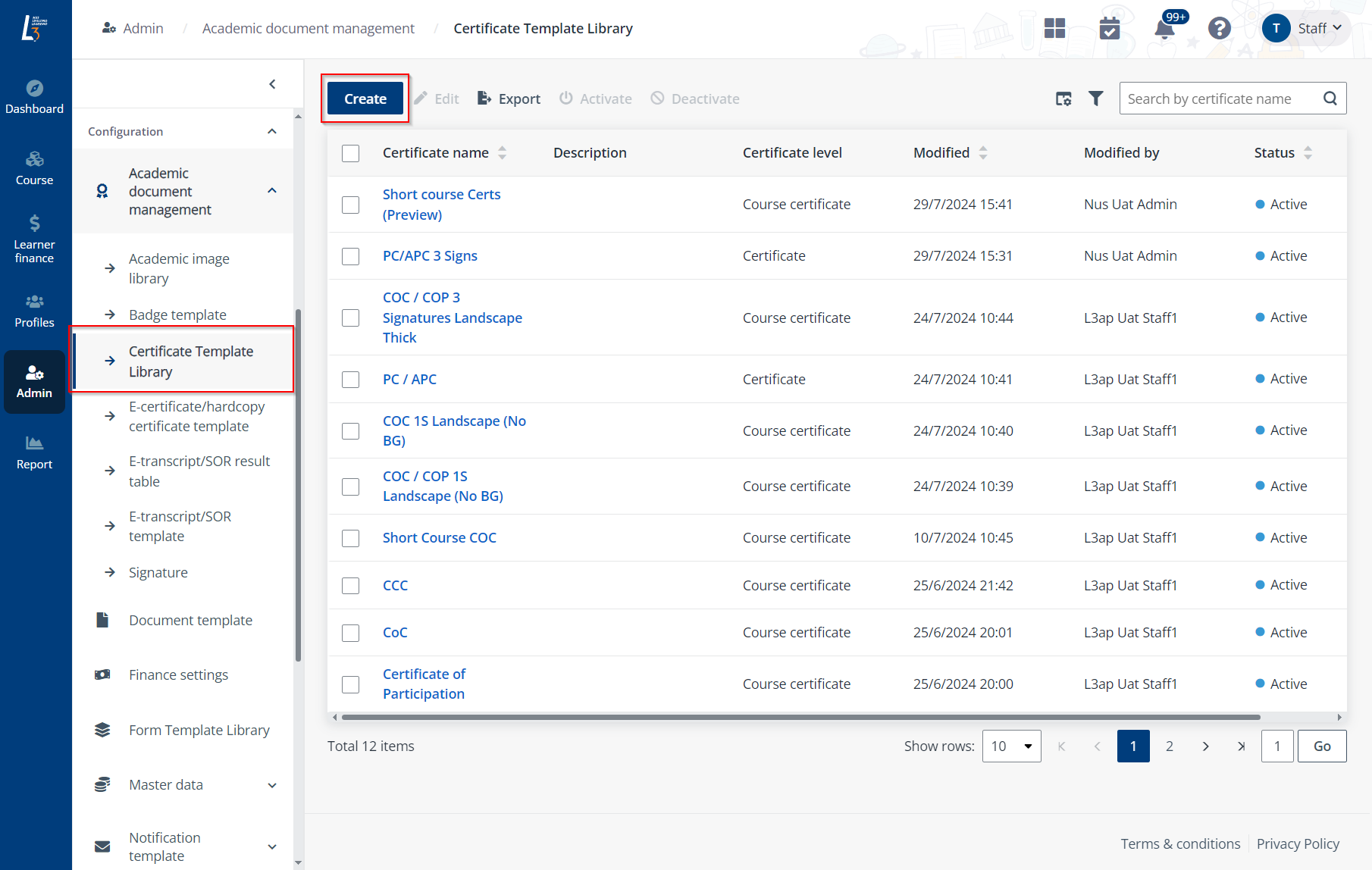 Click Create in certificate template library.