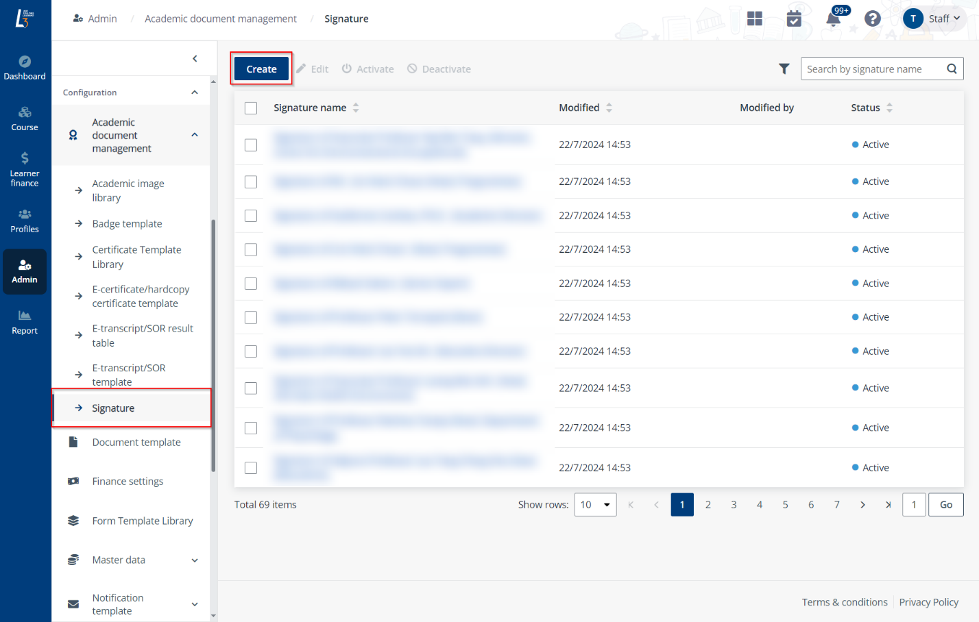 Click Create on the Signature page.