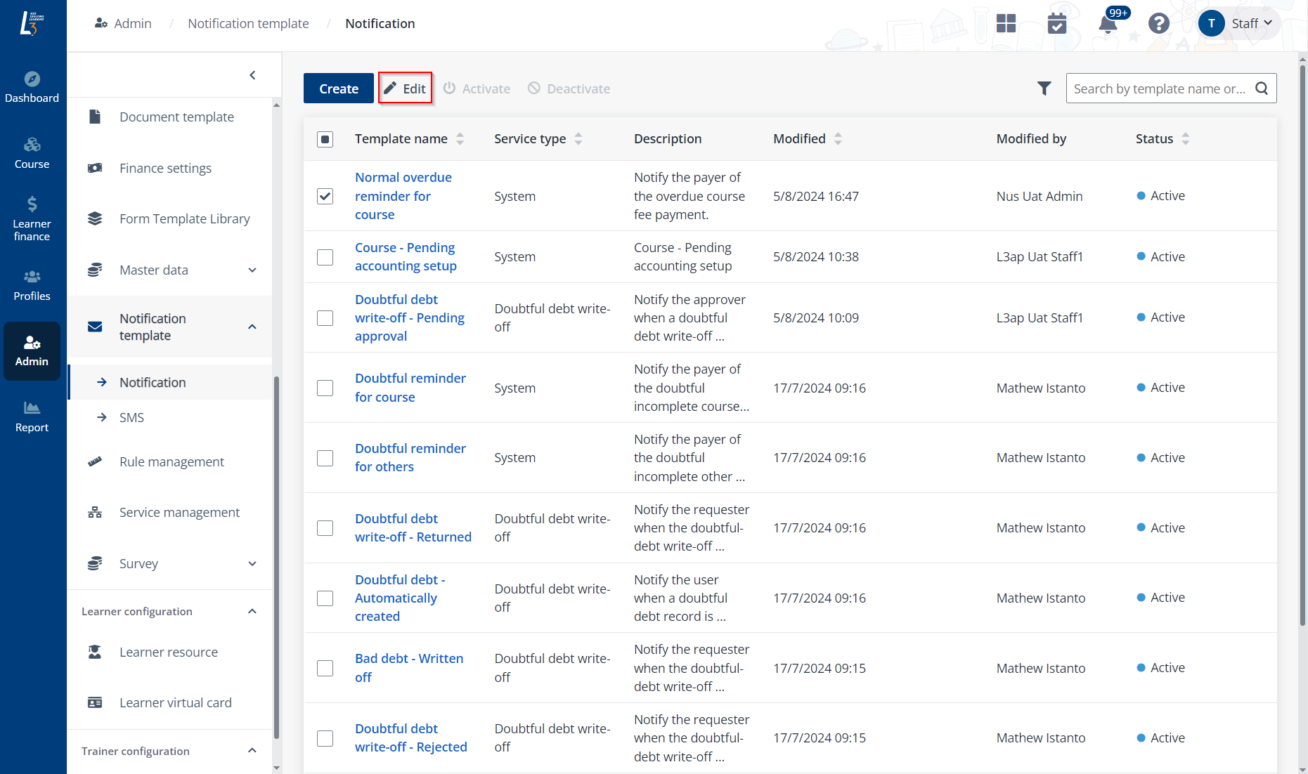 Select a template and click Edit.