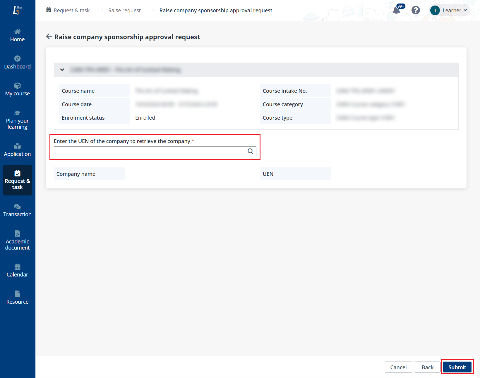 Retrieve company and submit request.