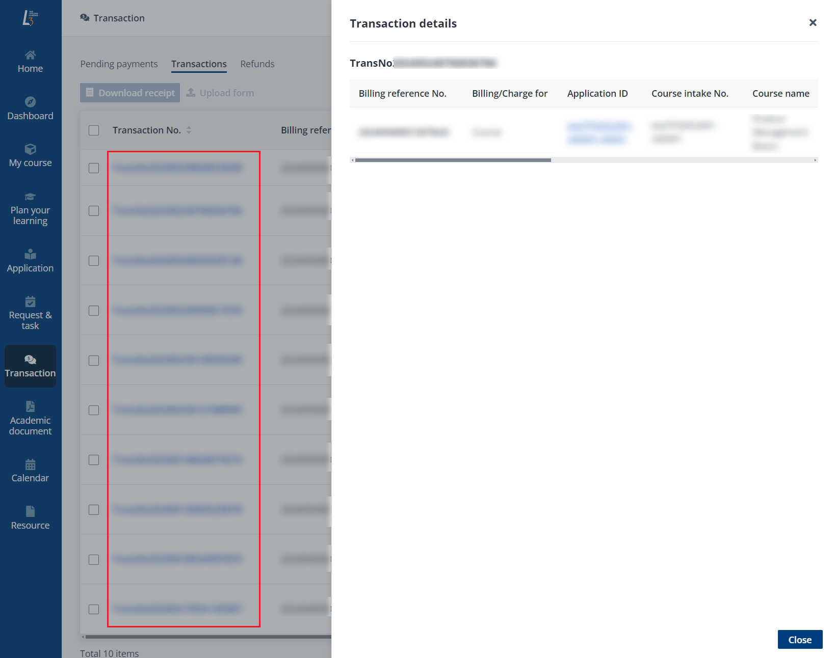 View transaction details.