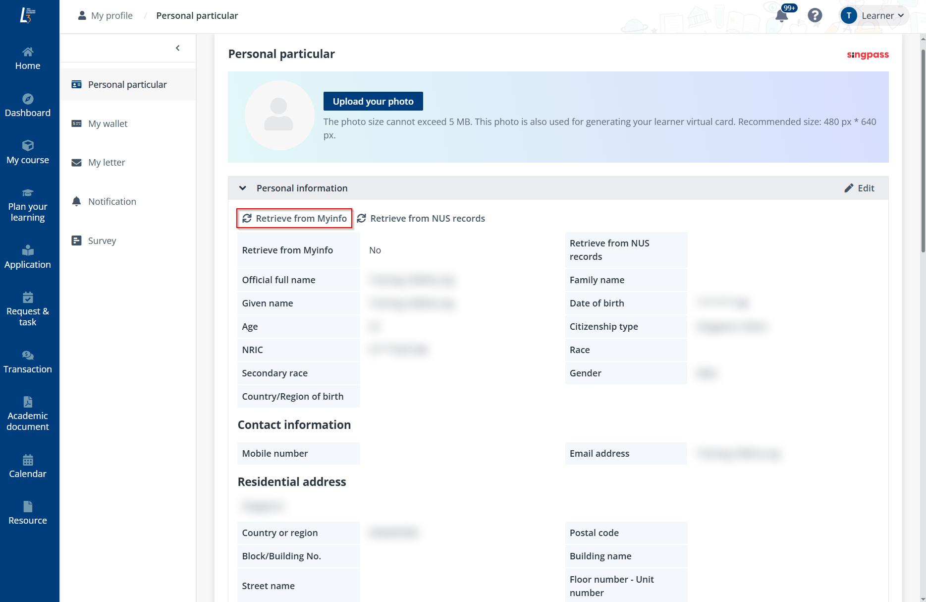 Click Retrieve from Myinfo.