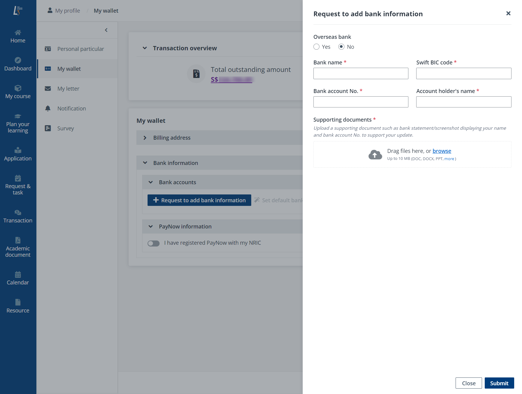 Request to add bank information.