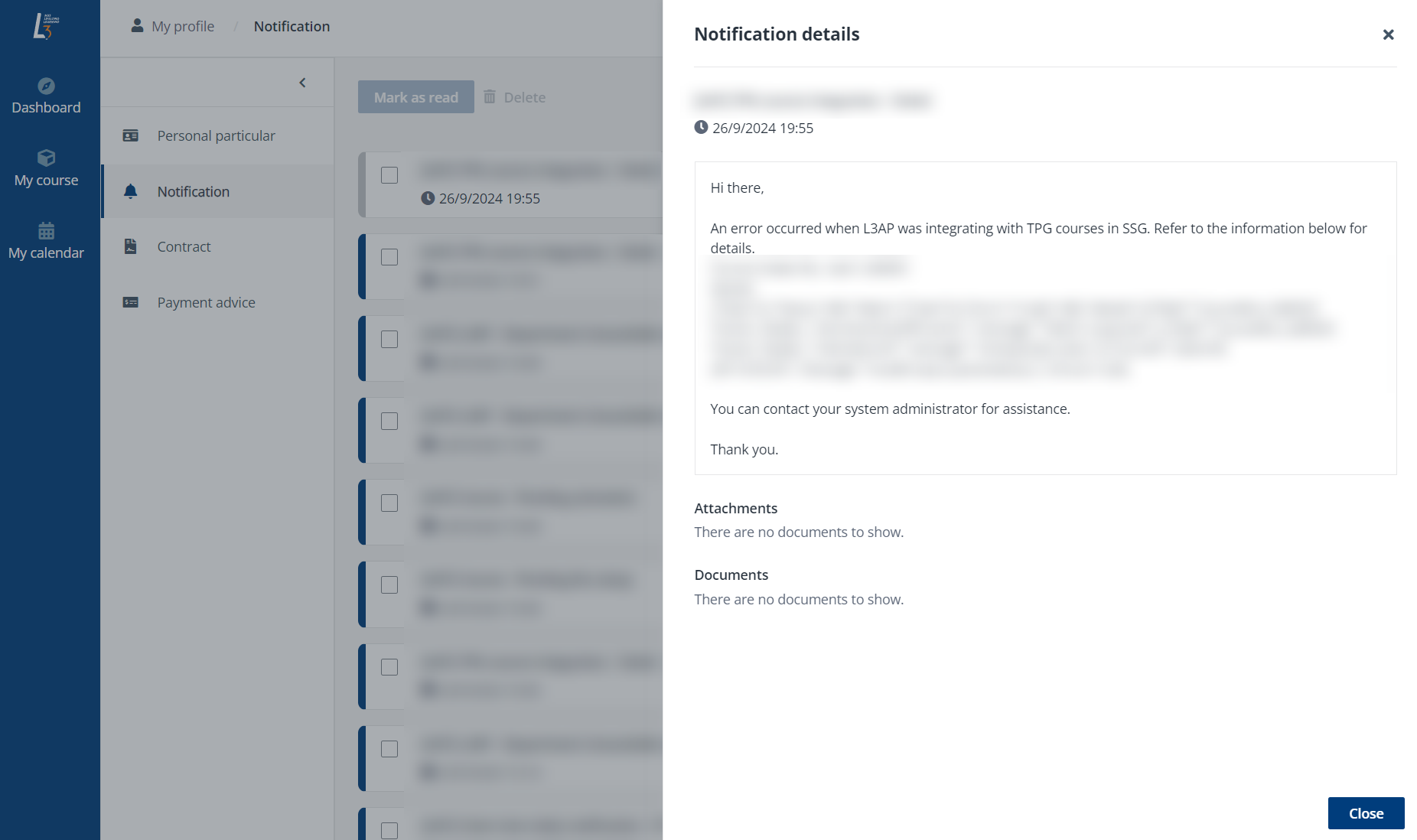The notification details panel.